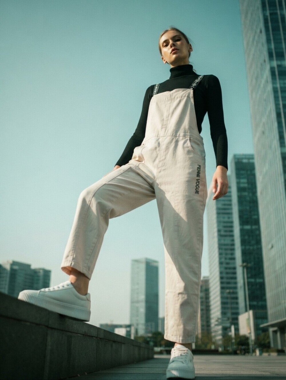 Denim Beige Overalls with Logo Straps Size Medium
